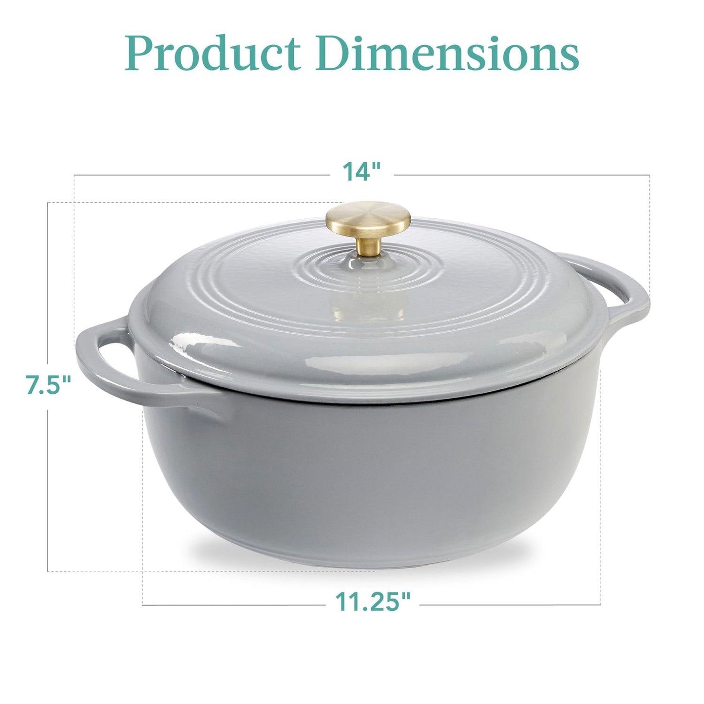 6 Quart Large Light Grey Enamel Cast-Iron Dutch Oven Kitchen Cookware with lid and handles, product dimensions shown.