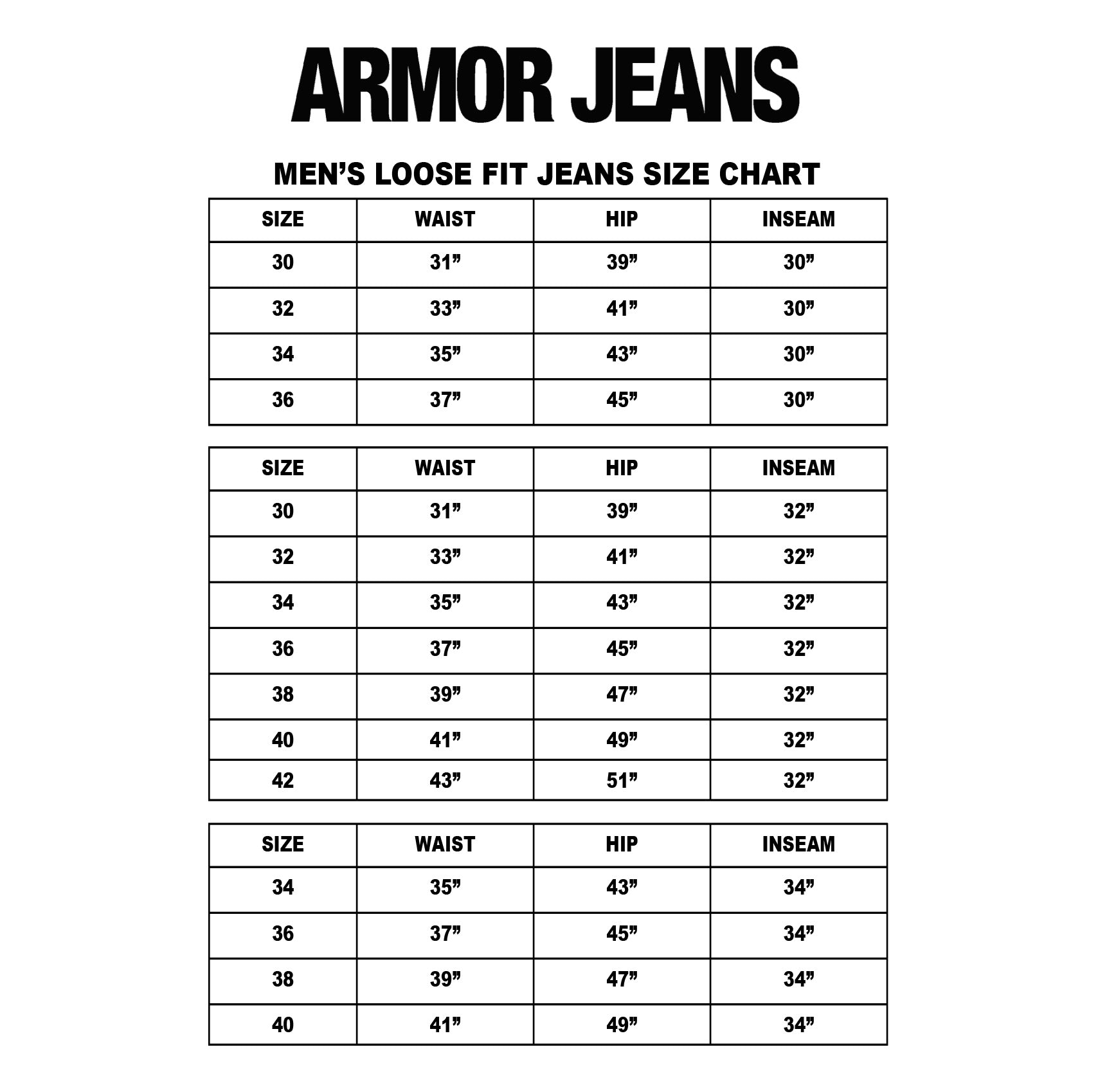 Armor Jeans men's loose fit size chart showing waist, hip, and inseam measurements for sizes 30 to 42.