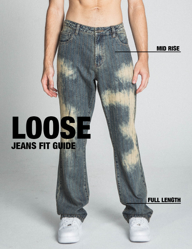AJ01L-3 VINTAGE THREAD LINE LOOSE JEANS, mid-rise, full length, featuring a unique pattern, straight-leg, 100% cotton denim style.