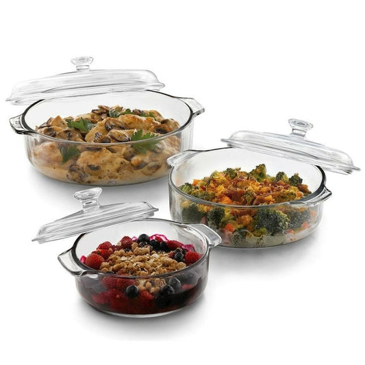 6-Piece Round Glass Casserole Cookware Bakeware Set with Lids showing entrees and desserts