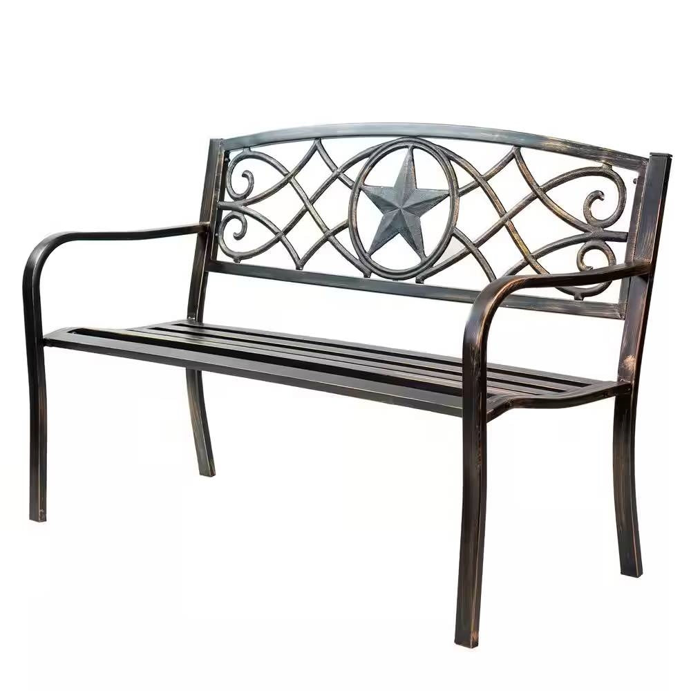 Powder Coated Steel 4-ft. Outdoor Patio Garden Bench in Bronze Metal Finish with Lone Star Design