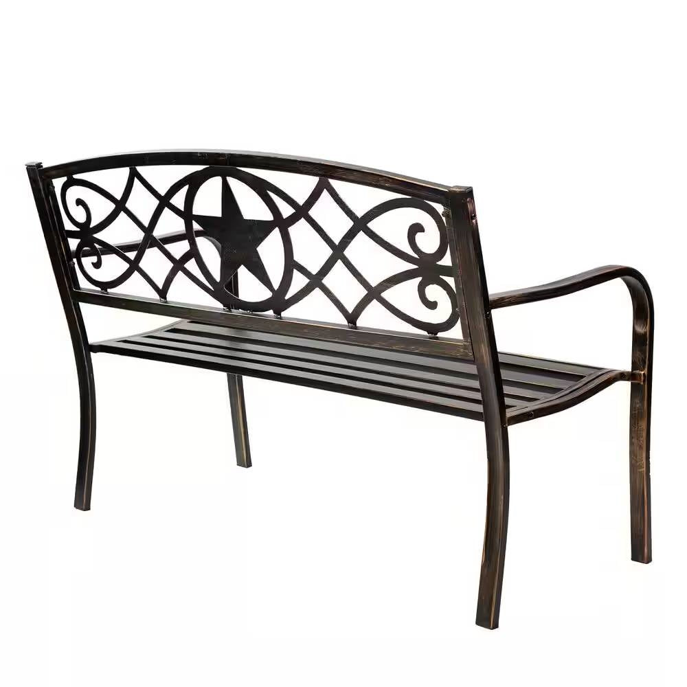 Powder Coated Steel 4-ft. Outdoor Patio Garden Bench in Bronze Metal Finish with Lone Star Design and curved seat
