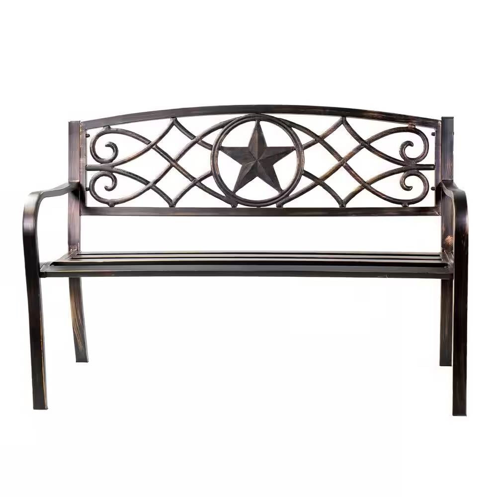 Powder Coated Steel 4-ft. Outdoor Patio Garden Bench in Bronze Metal Finish with Lone Star Design
