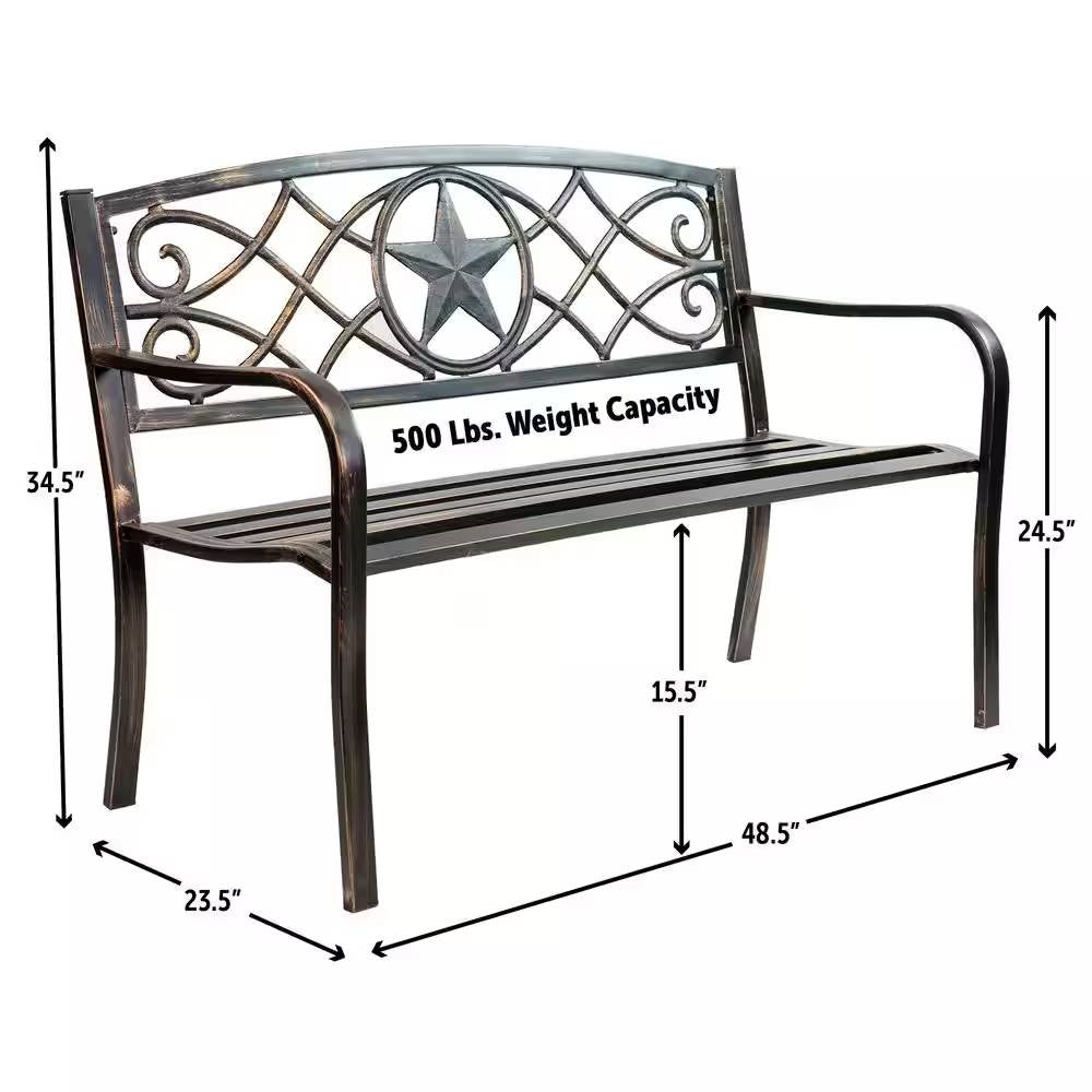Powder Coated Steel 4-ft. Outdoor Patio Garden Bench in Bronze Metal Finish with Lone Star Design and 500 lbs weight capacity.