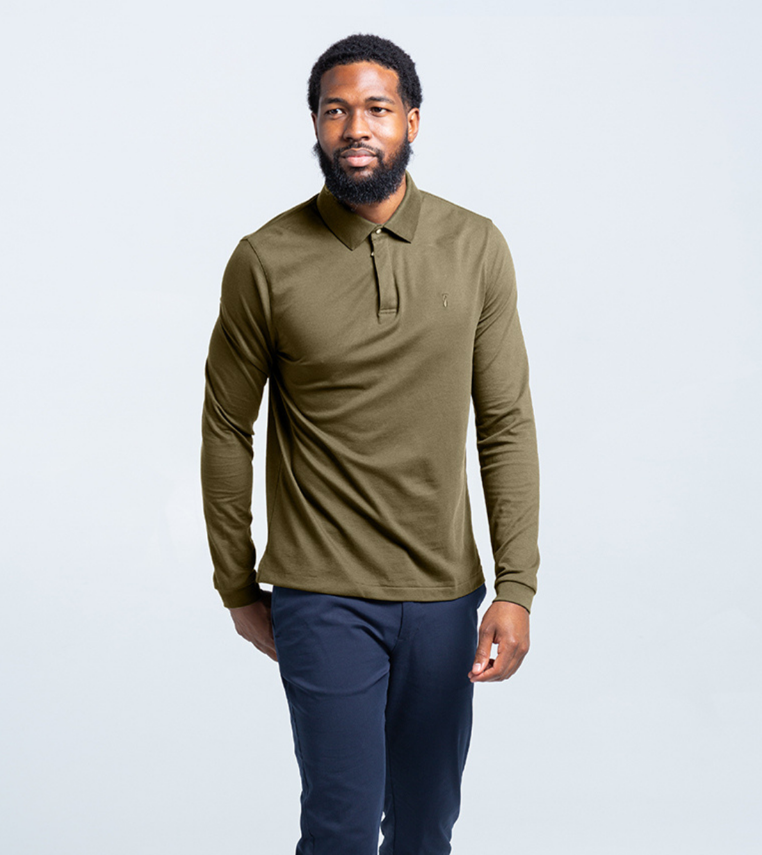 Model wearing Long Sleeve Perfect Polo in olive green, showcasing a tailored fit with StaySharp™ Collar and wrinkle-free fabric.