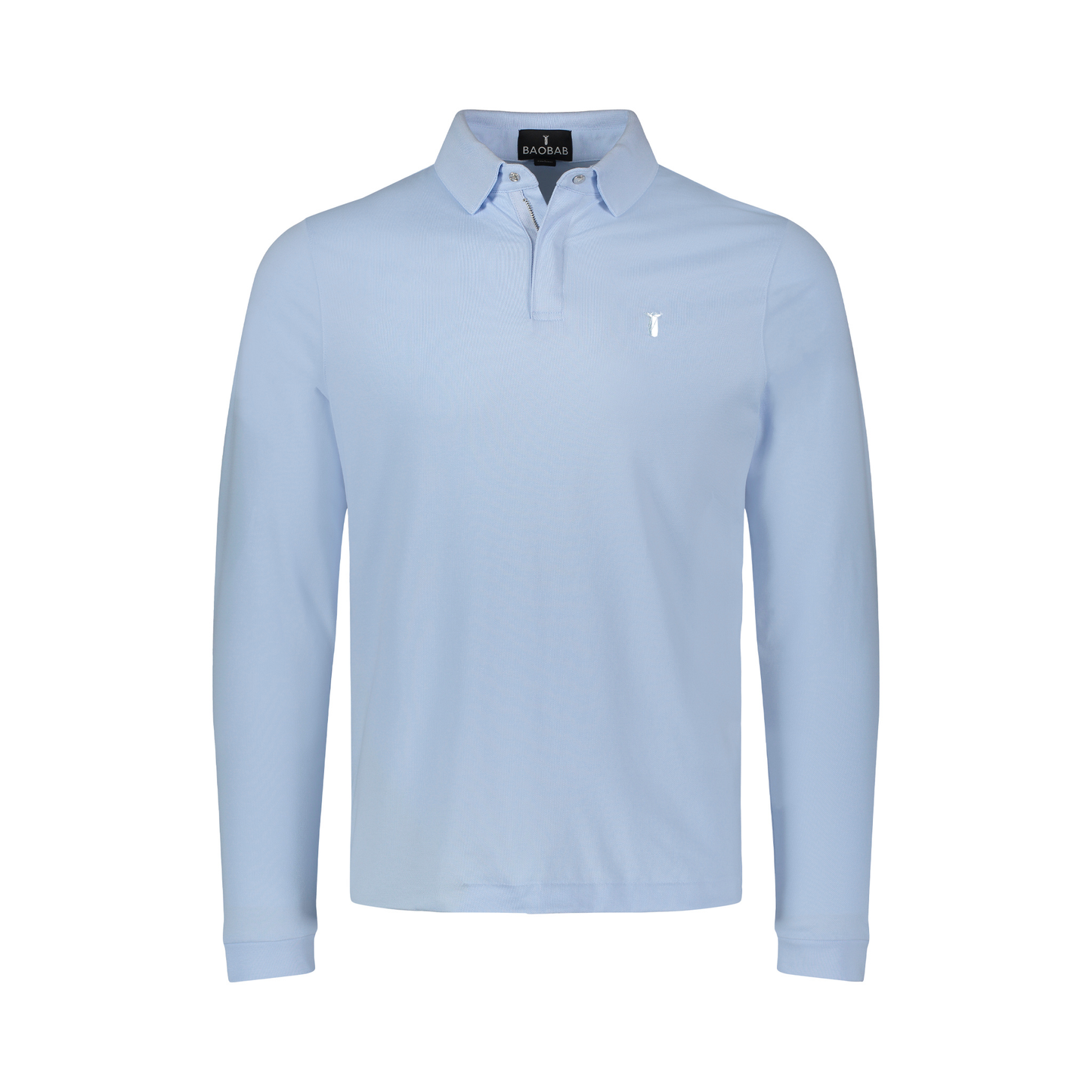 Light blue Long Sleeve Perfect Polo with StaySharp™ collar and hidden microfiber cloth for refined, tailored comfort and performance.