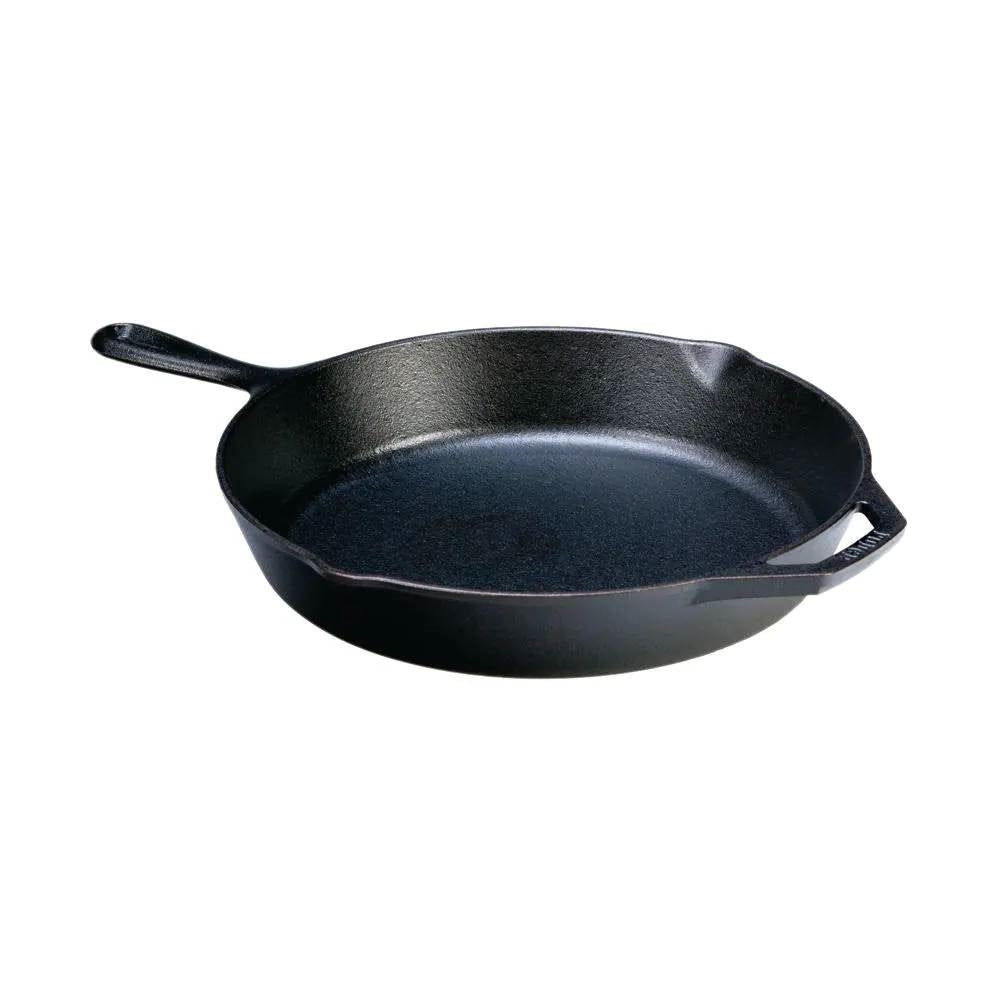 12-inch Cast Iron Skillet Frying Pan with Pour Spout - Made in the USA, pre-seasoned and ready for use on stove tops or campfires.