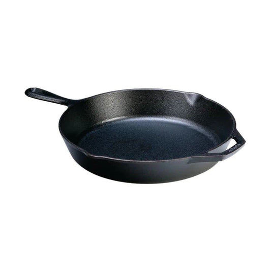12-inch Cast Iron Skillet Frying Pan with Pour Spout - Made in the USA, pre-seasoned and ready for use on stove tops or campfires.