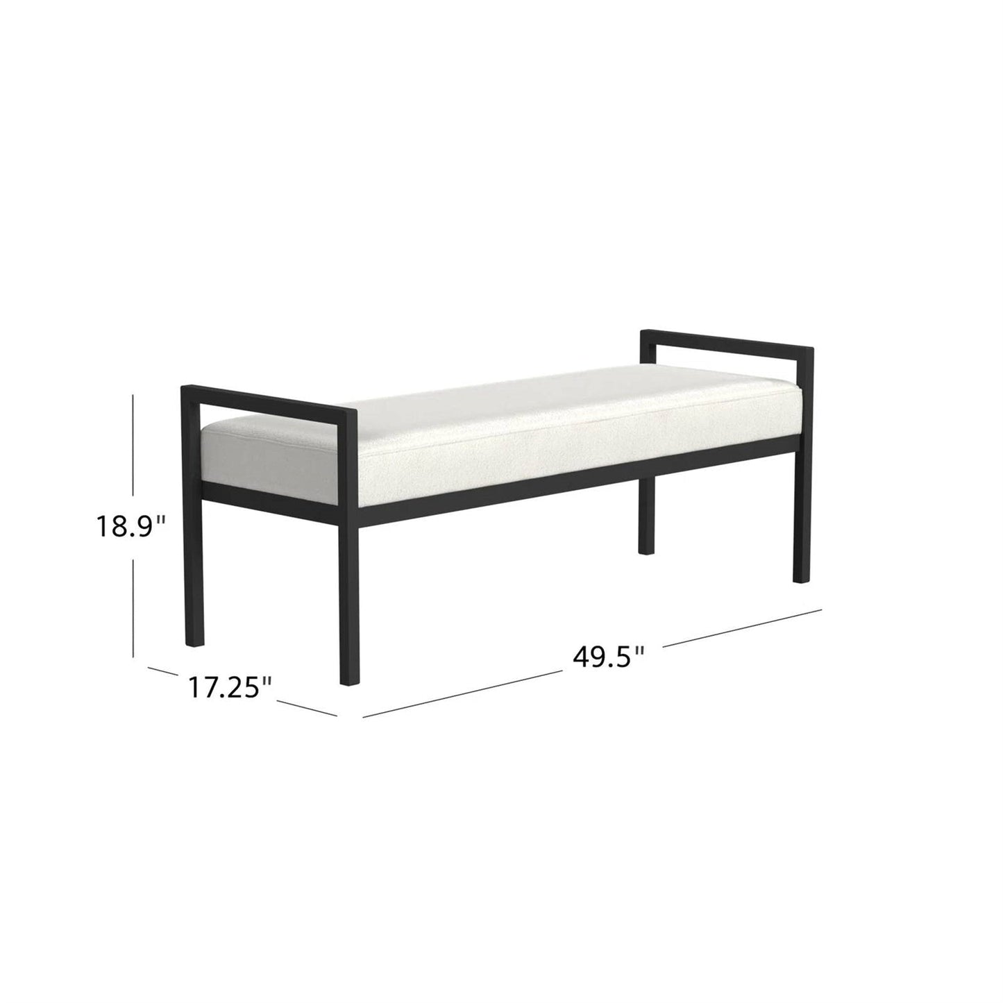 Modern Industrial Bed Bench with Black Metal Frame and Cream Upholstered Cushion dimensions illustration.