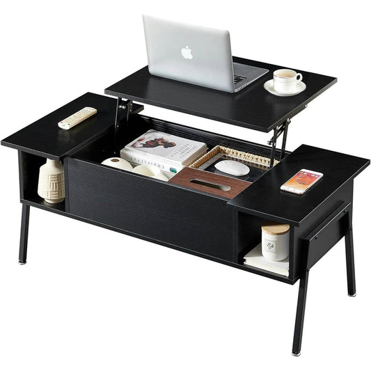 Modern Lift-Top Coffee Table Laptop Desk with Storage Shelf in Black Wood Finish, showcasing adjustable tabletop and essential items.