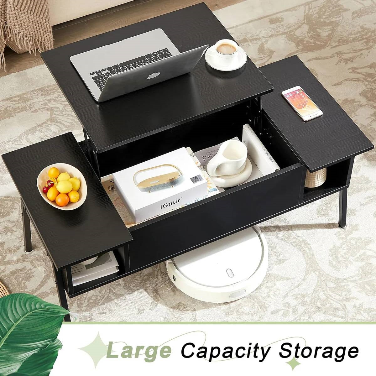 Modern Lift-Top Coffee Table Laptop Desk with Storage Shelf in Black Wood Finish in living room setting