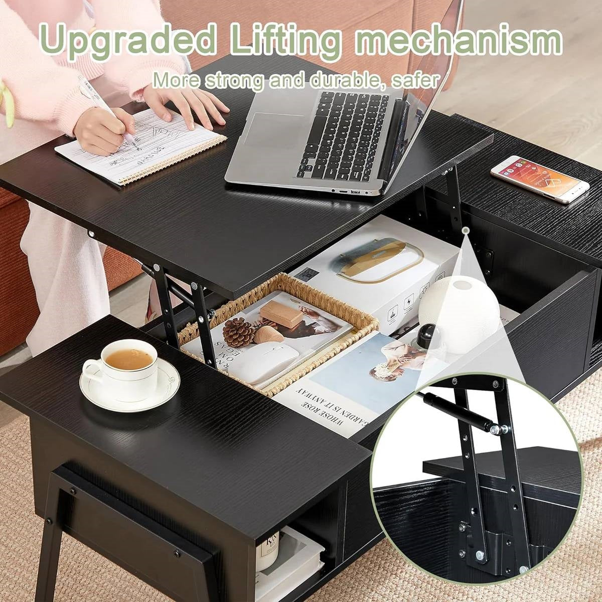 Modern Lift-Top Coffee Table Laptop Desk with Storage Shelf in Black Wood Finish featuring an adjustable top and storage space
