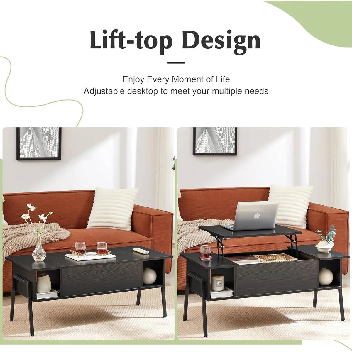 Modern Lift-Top Coffee Table Laptop Desk with Storage Shelf in Black Wood Finish in living room setting