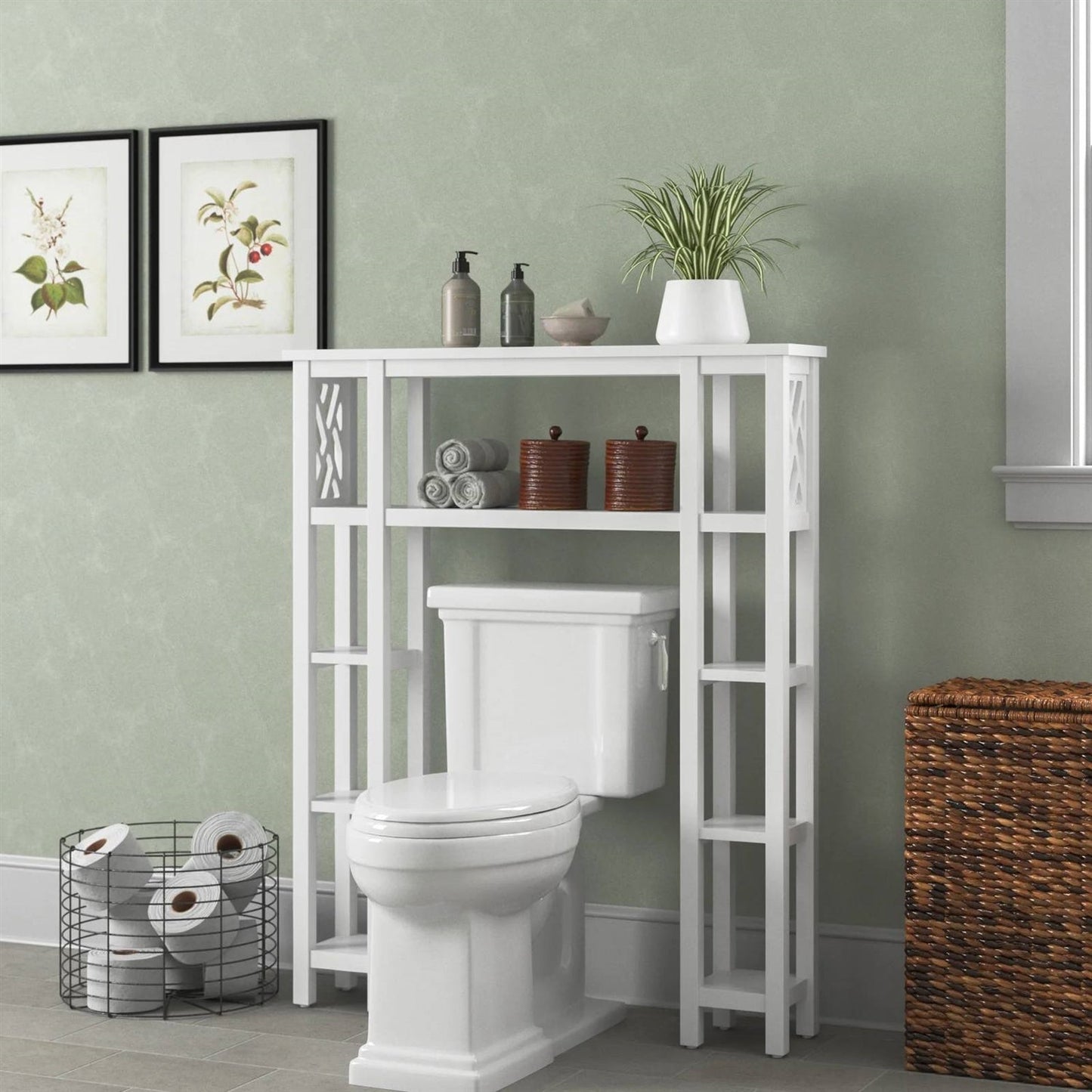 Over the Toilet Bathroom Shelving Unit with 9-Shelves in White Wood Finish adding storage above a toilet in a bathroom setting
