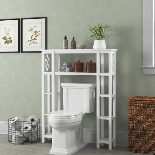 Over the Toilet Bathroom Shelving Unit with 9-Shelves in White Wood Finish adding storage above a toilet in a bathroom setting