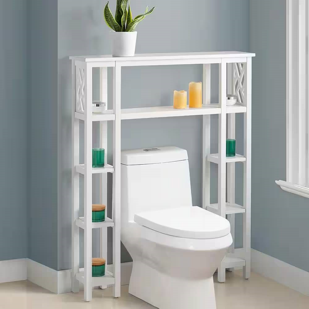 Over the Toilet Bathroom Shelving Unit with 9-Shelves in White Wood Finish showcasing geometric cutouts and bathroom accessories.
