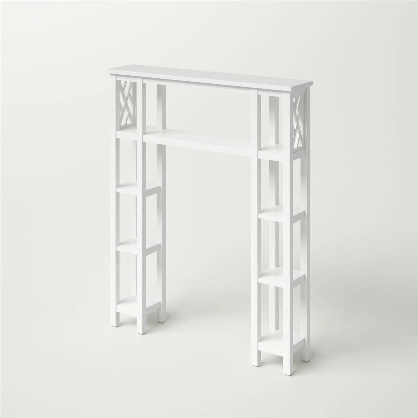 Over the Toilet Bathroom Shelving Unit with 9-Shelves in White Wood Finish featuring geometric cutouts and ample storage space