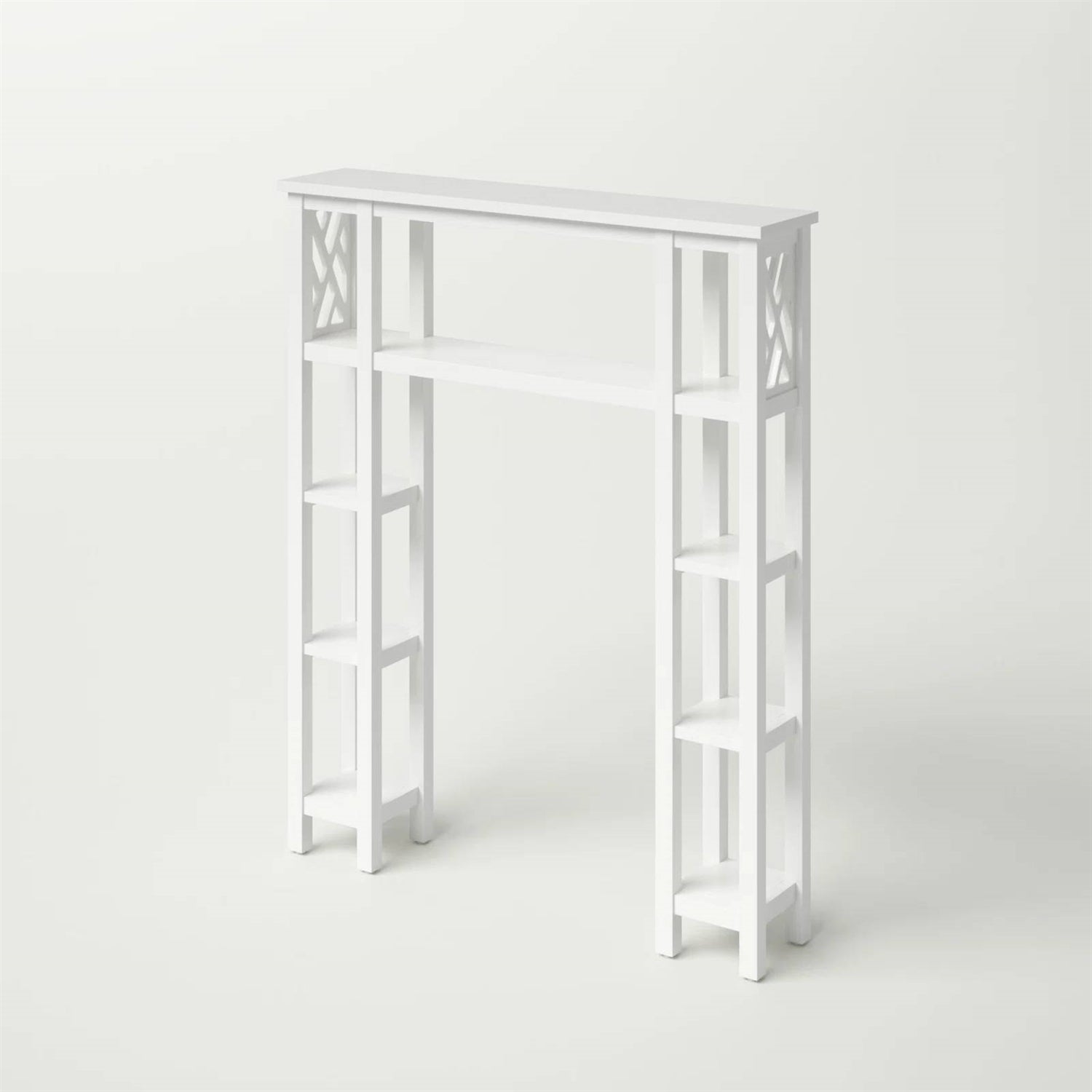 Over the Toilet Bathroom Shelving Unit with 9-Shelves in White Wood Finish featuring geometric cutouts and ample storage space