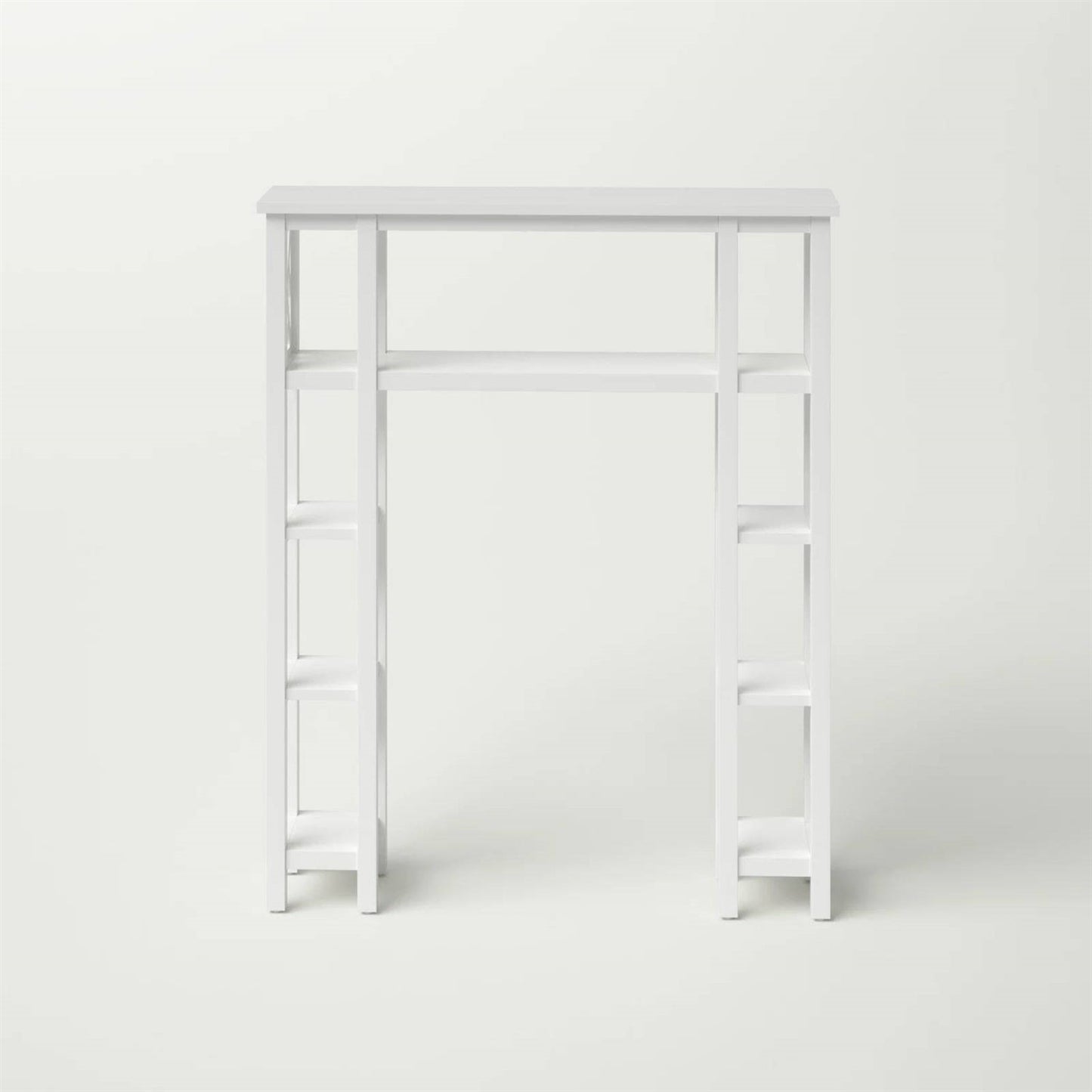 Over the Toilet Bathroom Shelving Unit with 9-Shelves in White Wood Finish featuring geometric side cutouts