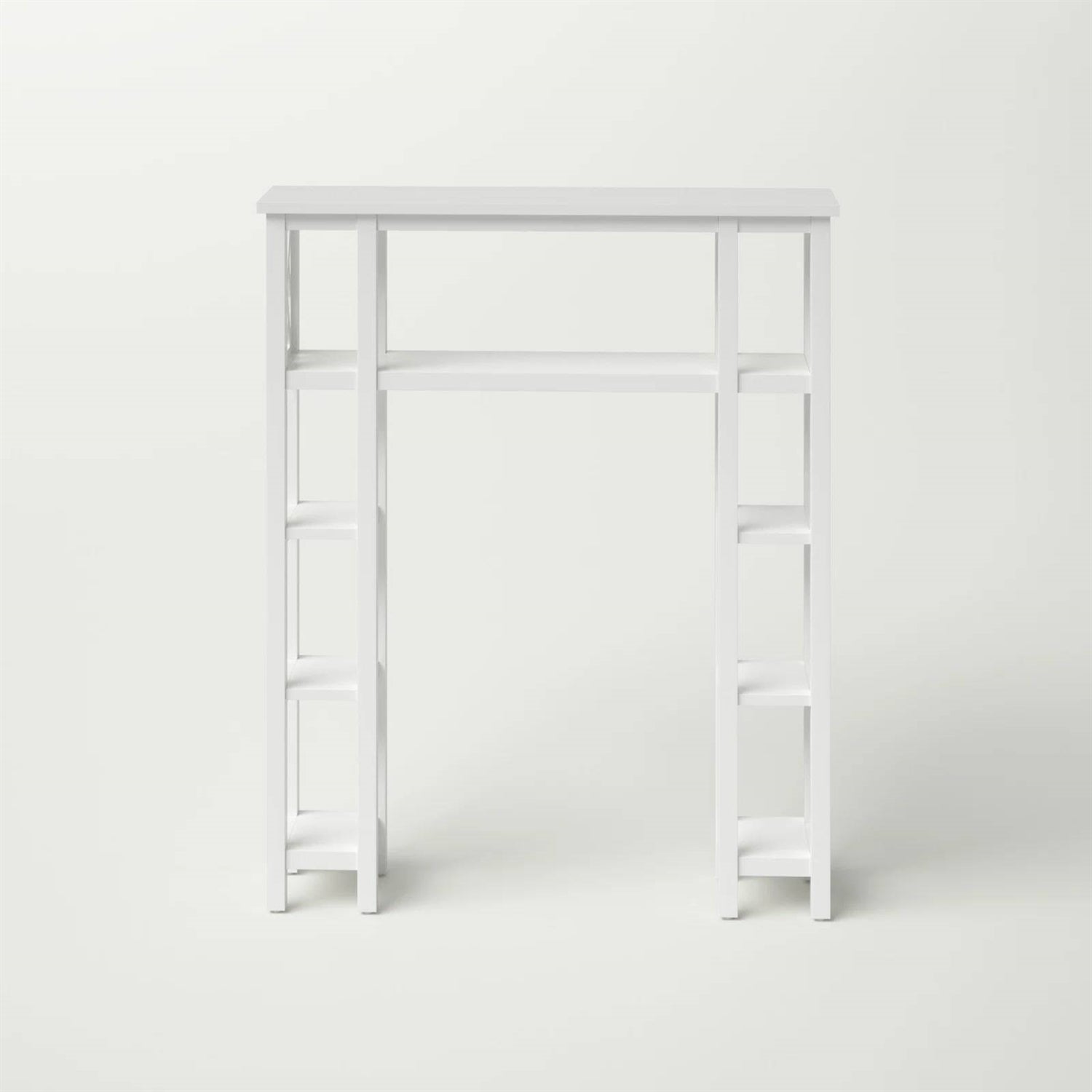 Over the Toilet Bathroom Shelving Unit with 9-Shelves in White Wood Finish featuring geometric side cutouts