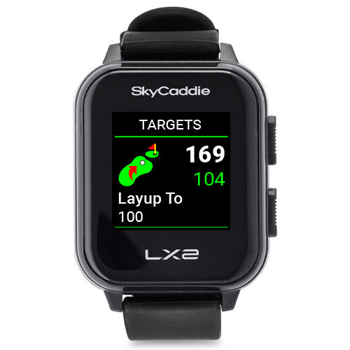 SkyCaddie® LX2 golf GPS watch with sunlight-readable display and modern design, shown with golf course data.