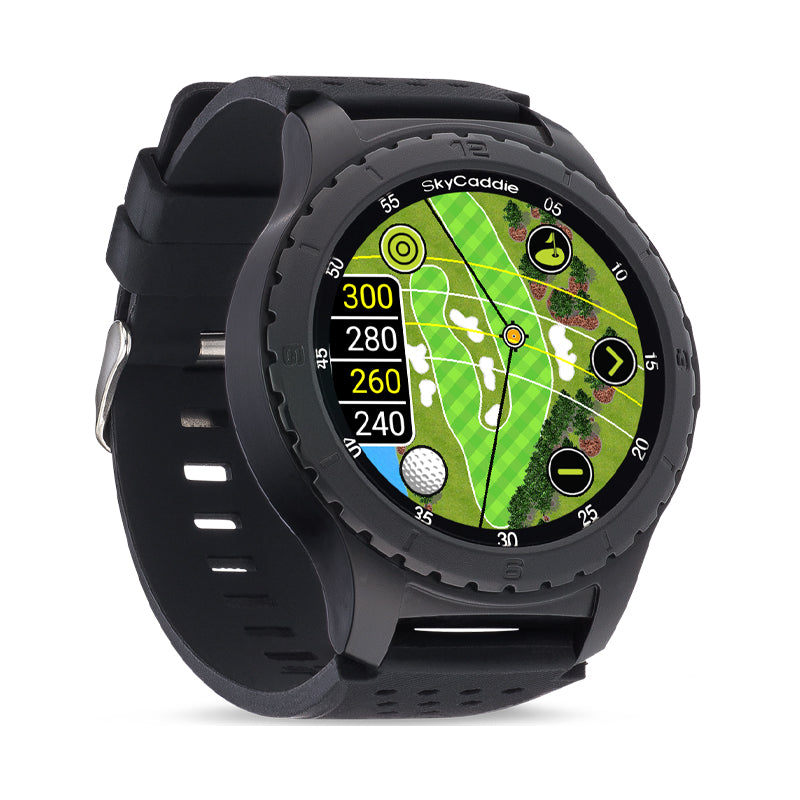 SkyCaddie ® LX5 golf watch with 1.39” color touchscreen, displaying course map with distances and hazards.