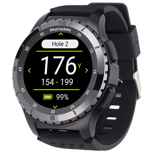 SkyCaddie ® LX5 Ceramic Bezel smartwatch displaying golf yardage with HD touchscreen