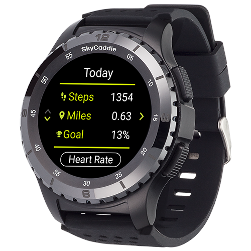 SkyCaddie ® LX5 Ceramic Bezel with color touchscreen display showing steps, miles, and goal, on a black watch body.