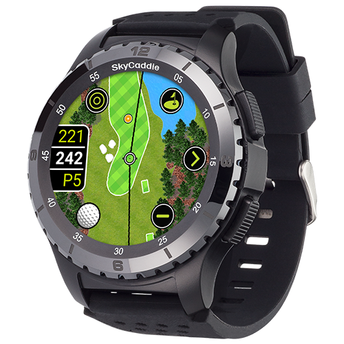 SkyCaddie ® LX5 Ceramic Bezel golf watch with color touchscreen display showing course map.