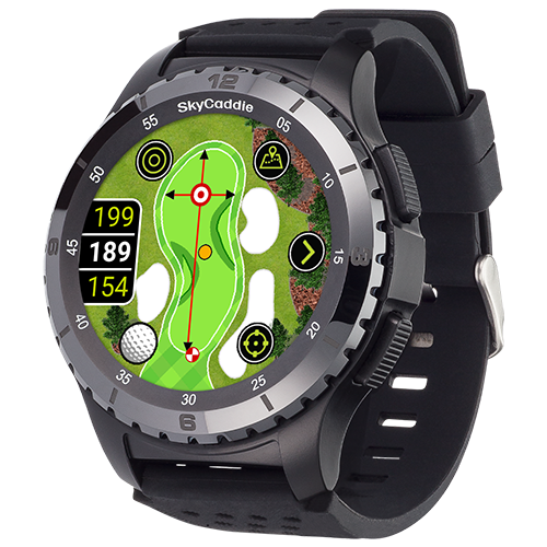 SkyCaddie ® LX5 Ceramic Bezel smartwatch with bright color touchscreen showcasing golf course map.