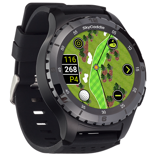 SkyCaddie ® LX5 Ceramic Bezel golf GPS watch with color touchscreen displaying course map and details.