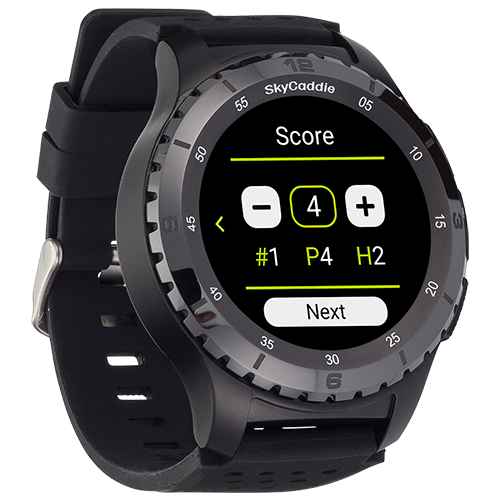 SkyCaddie ® LX5 Ceramic Bezel golf watch with color touchscreen display showing score tracking interface.