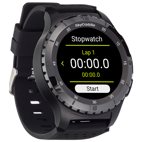 SkyCaddie ® LX5 Ceramic Bezel smartwatch with color touchscreen and stopwatch feature displayed.