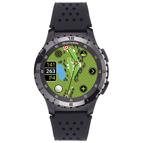 SkyCaddie ® LX5 Ceramic Bezel golf watch with color touchscreen displaying golf course map.