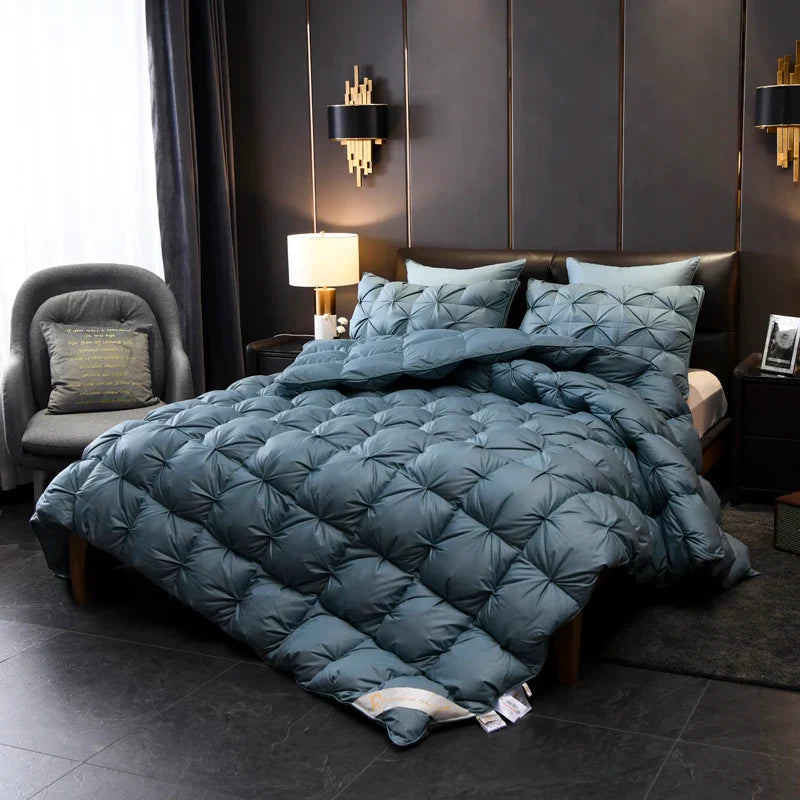 Giuseppina 1000 Thread Count Goose Down Comforter Duvet on elegant bed in stylish bedroom