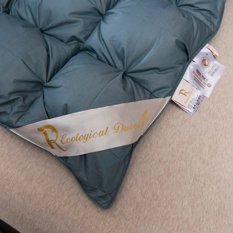 Giuseppina 1000 Thread Count Goose Down Comforter Duvet with Ecological Label on Bed