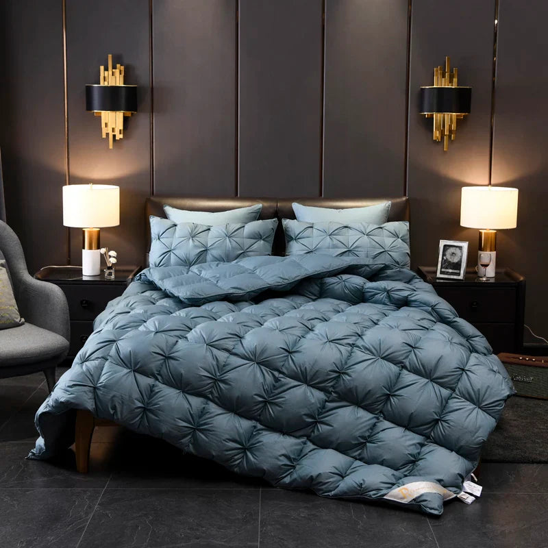 Luxurious bedroom with Giuseppina 1000 Thread Count Goose Down Comforter Duvet in elegant dark setting