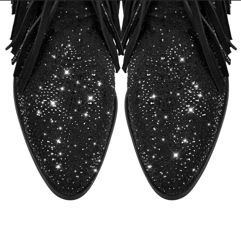 Starry Nights Knee-High Fringe Boots – Rhinestone Embellished Suede Cowgirl Boots with sparkling rhinestone details