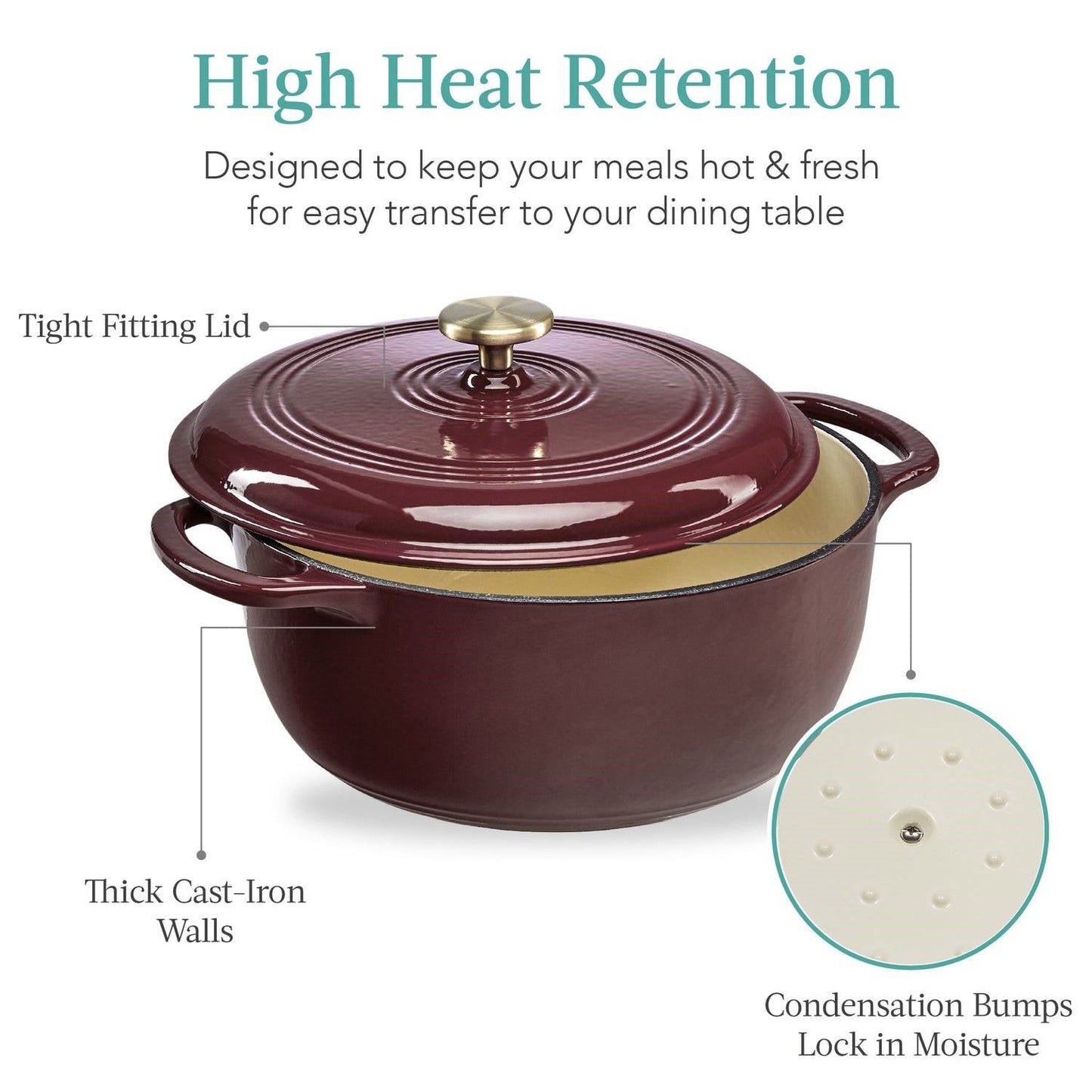 6 Quart Large Maroon Cabernet Red Enamel Cast-Iron Dutch Oven Kitchen Cookware with lid and condensation bumps for moisture retention.