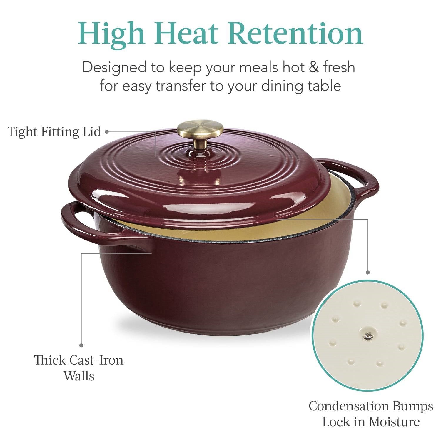 6 Quart Large Maroon Cabernet Red Enamel Cast-Iron Dutch Oven Kitchen Cookware with lid and condensation bumps for moisture retention.