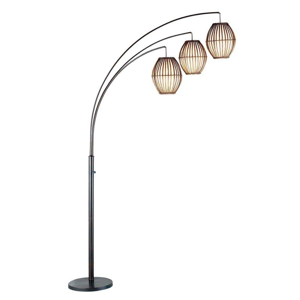 Modern Mid-Century Bohemian 82-inch Arch Floor Lamp with 3 Barrel Lights featuring cane and fabric-like rice paper lanterns.
