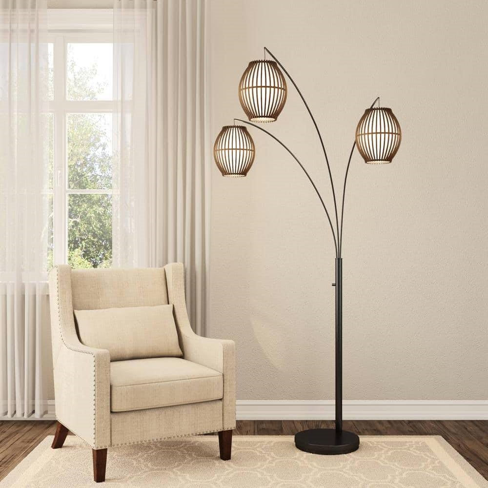 Modern Mid-Century Bohemian 82-inch Arch Floor Lamp with 3 Barrel Lights in a living room setting