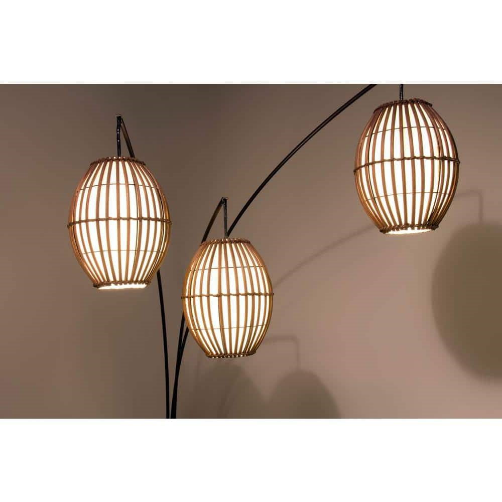 Modern Mid-Century Bohemian 82-inch Arch Floor Lamp with 3 Barrel Lights featuring cane and rice paper shades.