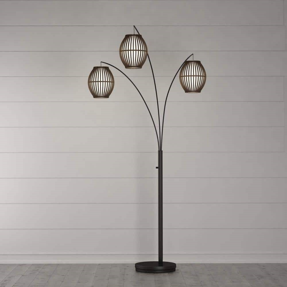 Modern Mid-Century Bohemian 82-inch Arch Floor Lamp with 3 Barrel Lights featuring cane and rice paper shades.