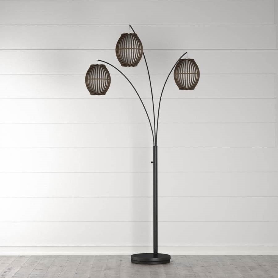 Modern Mid-Century Bohemian 82-inch Arch Floor Lamp with 3 Barrel Lights in a room setting.