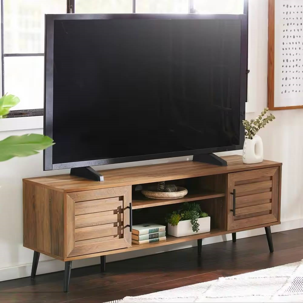 Modern Rustic Wood Finish TV Stand with Mid-Century Legs - for TV up to 65-inch, featuring stylish side cabinets and ample storage.