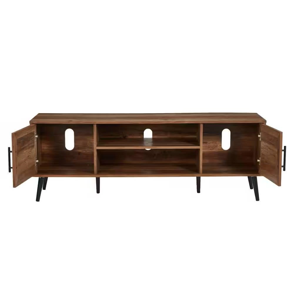 Modern Rustic Wood Finish TV Stand with Mid-Century Legs - for TV up to 65-inch with open side cabinets and shelving.