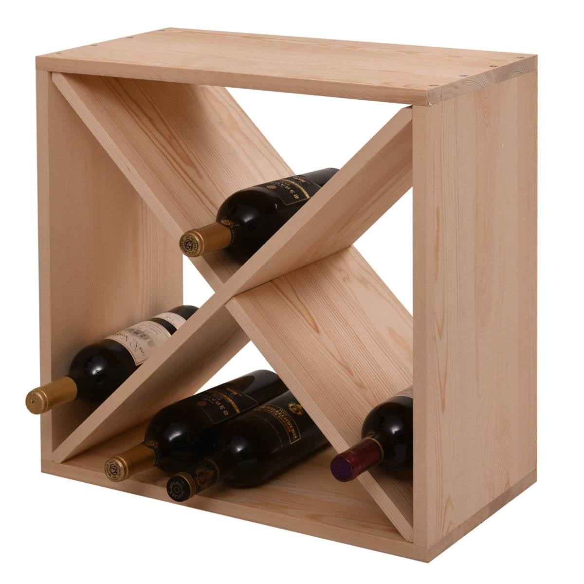 24 Bottle Solid Wood Stackable Modular Wine Rack displaying wine bottles