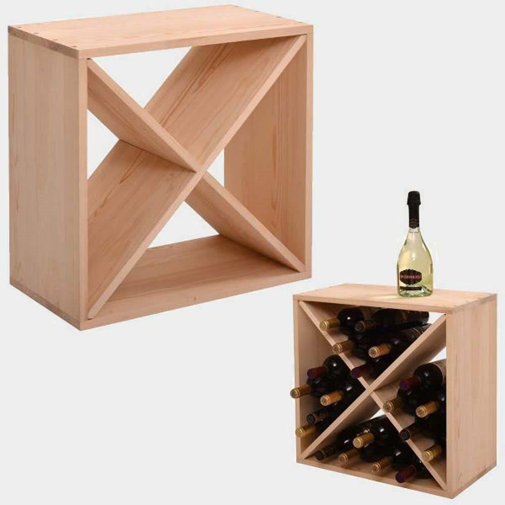 24 Bottle Solid Wood Stackable Modular Wine Rack displaying wine bottles, featuring a natural wood finish and stackable design.
