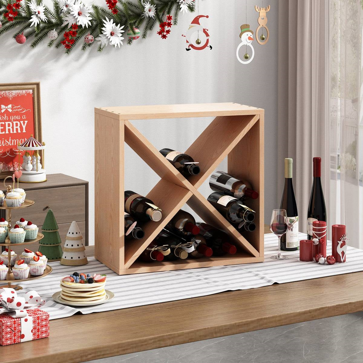 24 Bottle Solid Wood Stackable Modular Wine Rack with holiday decor and wine bottles displayed horizontally